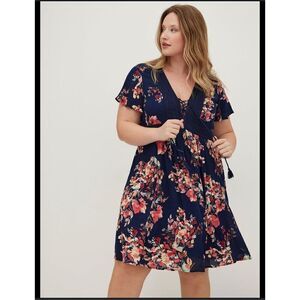 Torrid Mini Navy Blue Floral Tie Front Skater Dress Size XL